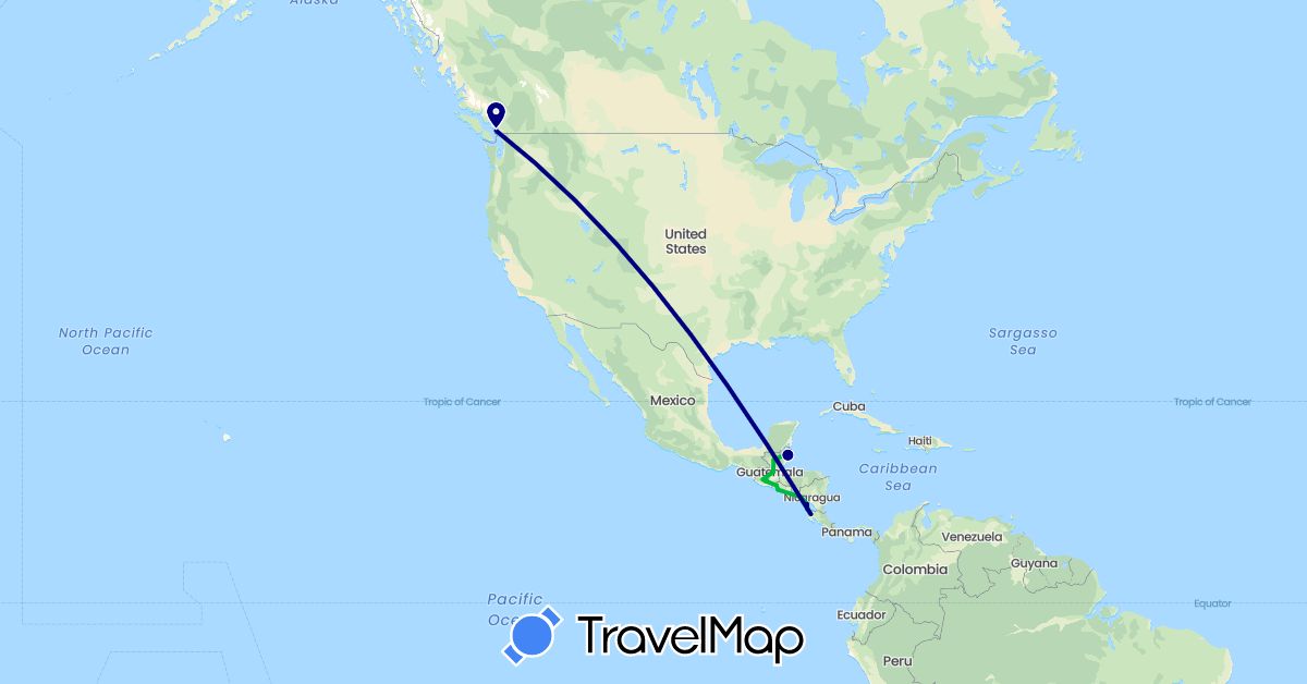 TravelMap itinerary: driving, bus in Belize, Canada, Costa Rica, Guatemala, Nicaragua, El Salvador (North America)